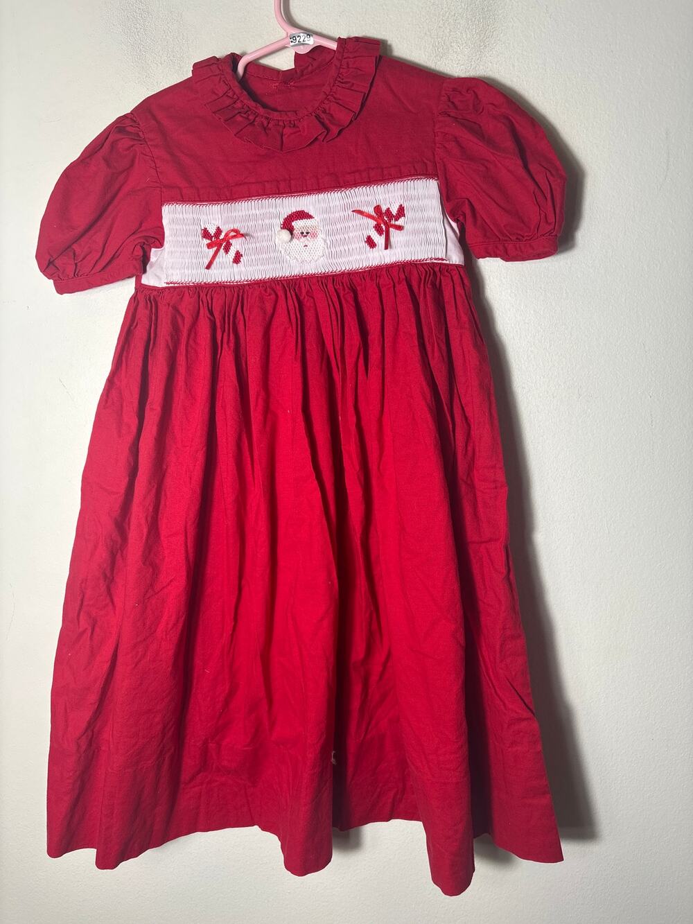 Girls Vintage Red Cotton Smocked Santa puff sleeve Dress Sz 5